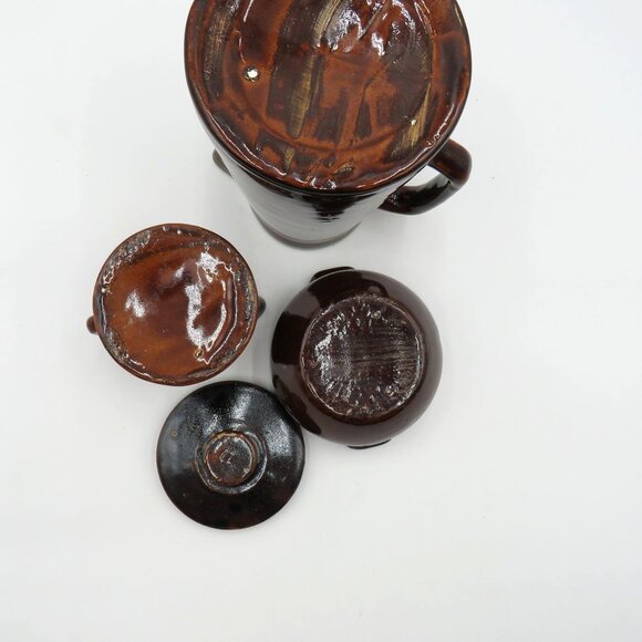 Country Fare Stoneware Set Brown Teal Ceramic Pitcher Creamer Lidded Sugar Bowl - Picture 11 of 11